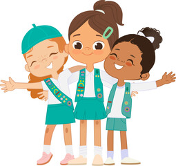 Happy multi ethnic multi aged girls scout hug. Girls Scout happily hug and smile. Girl together. Junior Girls Scout Uniform - 595096292