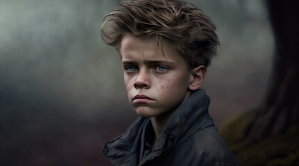 close-up portrait of a sad child. generative ai. illustration. concept depression and bulling in adolescence.