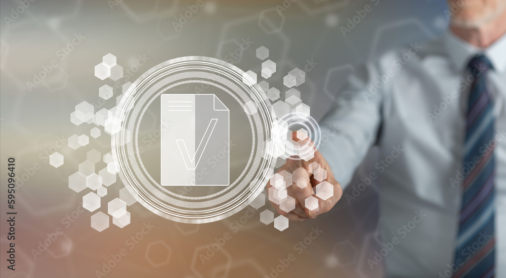 Wall mural man touching a document validation concept