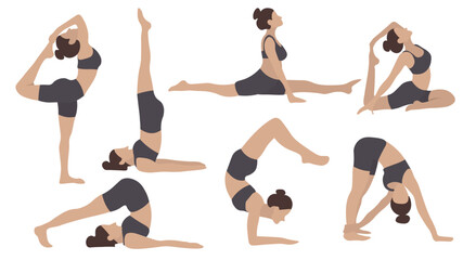 set of yoga poses, group of people, women, girl doing yoga exercise