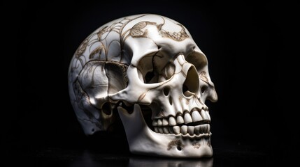 Ornated skull isolated on black background, fantasy generative ai background concept