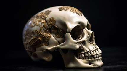 Ornated skull isolated on black background, fantasy generative ai background concept