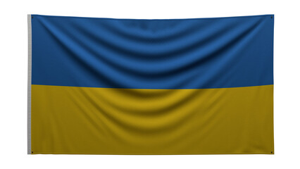 Textured flag. The flag of Ukraine hangs on the wall. Texture of dense fabric. The flag is pinned to the wall. Ukrainian flag on a transparent background. 