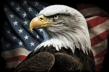 american bald eagle in front of an american flag