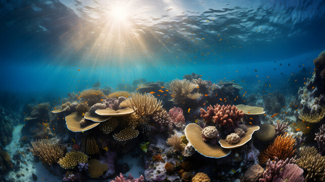 Vibrant image of a coral reef teeming with marine life, featuring a diverse array of colorful fish, corals, and underwater flora, all illuminated by the dappled sunlight filtering through