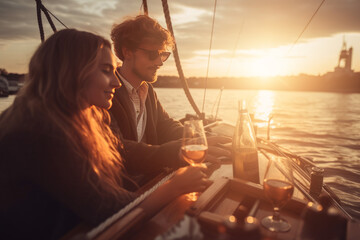 Obraz na płótnie Canvas Beautiful couple of lovers relaxing on sailing boat with a champagne bottle at the sunset. Happy and romantic lifestyle concept. Generative Ai.