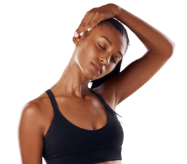 Fitness, exercise and woman stretching neck isolated on transparent png background. Stretch, Indian athlete or warm up to get ready for sports, training or workout for health, flexibility or wellness