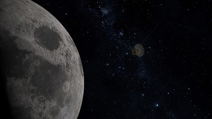 Space probe flying near the Moon. Space exploration.