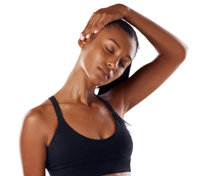 Fitness, exercise and woman stretching neck isolated on transparent png background. Stretch, Indian athlete or warm up to get ready for sports, training or workout for health, flexibility or wellness