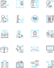 Astute society linear icons set. Intelligence, Insight, Discernment, Wisdom, Perception, Acumen, Discourse line vector and concept signs. Cognition,Comprehension,Ingenuity outline illustrations