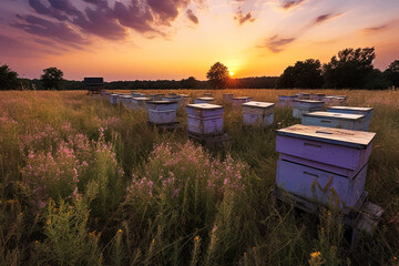 Fototapeta na wymiar Colorful Beehives at Sunset - generative AI