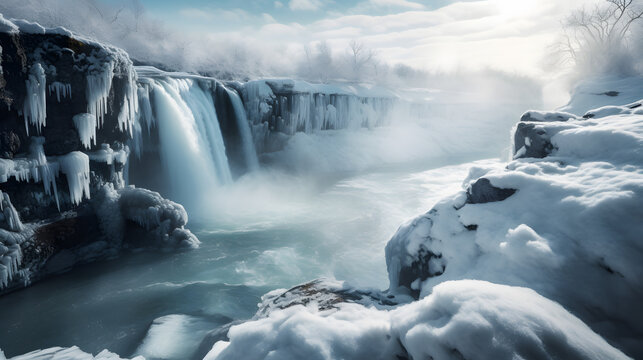 Spectacular image of a frozen waterfall, with the cascading ice captured in motion, and the surrounding snow-covered landscape.