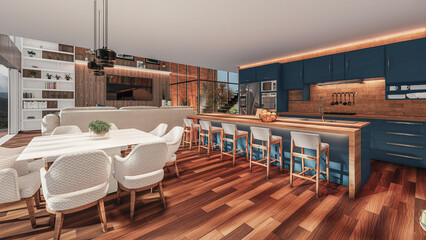 
Interior architectural design, kitchen and living room. 3D image.