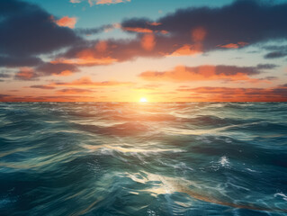 An ocean filled with clouds and sunlit, sparkling water reflections. Generative Ai.
