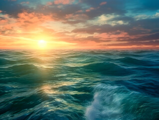 Obraz premium An ocean filled with clouds and sunlit, sparkling water reflections. Generative Ai. 