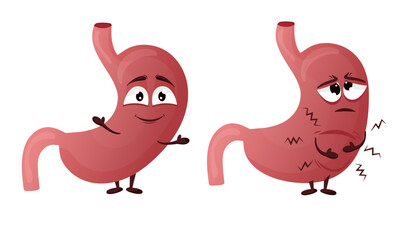 Cartoon stomach character. Concept of healthy and diseased internal organ, overeating, pain and heaviness. Vector illustration
