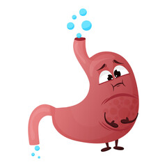 Cartoon stomach character. Concept diseased internal organ, bloating and constipation. Vector illustration