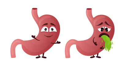 Cartoon stomach character. Concept of healthy and diseased internal organ, vomiting and nausea. Vector illustration
