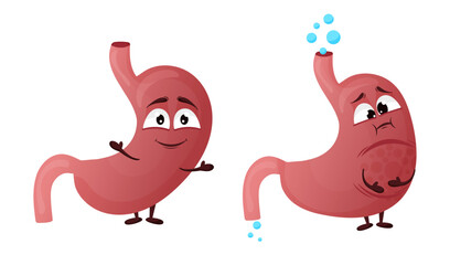 Cartoon stomach character. Concept of healthy and diseased internal organ, bloating and constipation. Vector illustration