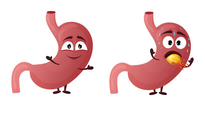 Cartoon stomach character. Concept of healthy and diseased internal organ, heartburn. Vector illustration