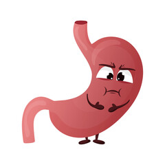 Cartoon stomac character. Сoncept diseased internal organ, nausea and indigestion. Vector illustration