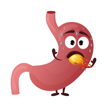 Cartoon stomach character. Concept sick internal human organ, heartburn. Vector illustration