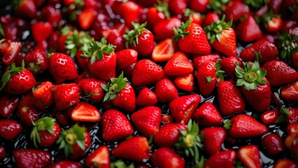 A close-up of a pile of fresh strawberries, with water droplets glistening on their surface.