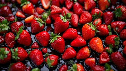 A close-up of a pile of fresh strawberries, with water droplets glistening on their surface.