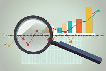 Return on investment, ROI, money growth, growing revenue and profit, data chart report with magnifying glass