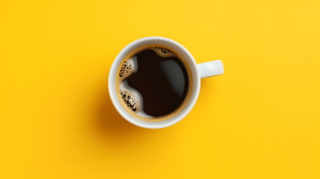 Top view of coffee cup on yellow and white background.