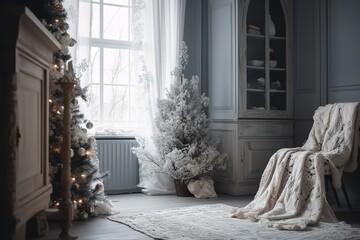 Fototapeta na wymiar Christmas decoration, bedroom, tree, lights, generative AI
