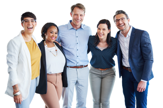 Smile, hug and portrait of business people on png for diversity, community and support. Corporate, teamwork and collaboration with employees isolated on transparent background for solidarity - Powered by Adobe