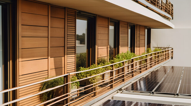 up close photo of sleek and modern solar panels on a balcony, in a modular sustainable hilltop building in Mexico City, inspired by Luis Barragan, made of light wood, design is using natural materials
