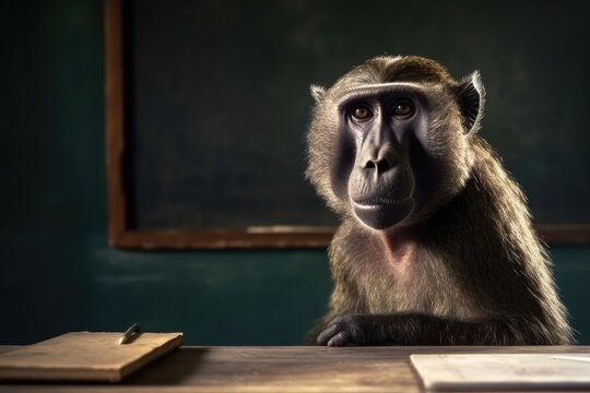 Baboon In Classroom With Chalkboard In Background Generative AI