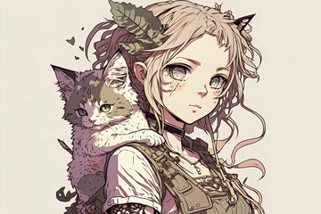 Anime girl with cat, cute anime girl holding a cat in her arms, girl with her beloved cat, linear anime illustration, generative ai