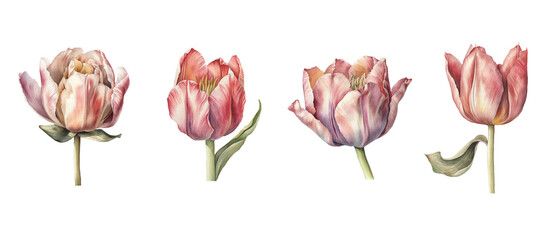 Set of spring flowers and tulip buds. Generative AI technology.