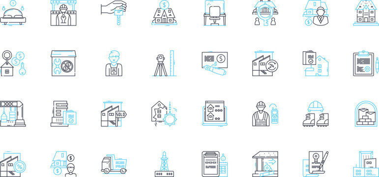Housing linear icons set. Home, Shelter, Residence, Dwelling, Accommodation, Habitat, Abode line vector and concept signs. Property,Housing,Apartment outline illustrations