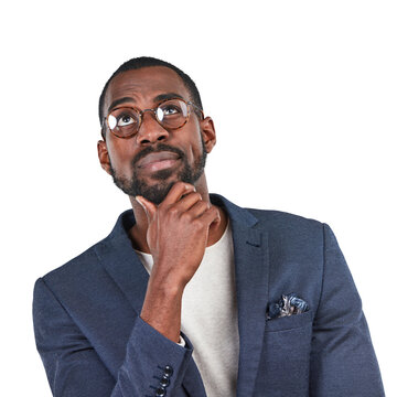 Confused, black man and thinking of ideas isolated on transparent png background. Face of male entrepreneur wonder of business solution, remember why and questions of choice, doubt and emoji in mind