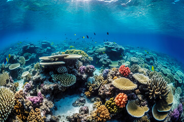 Naklejka na ściany i meble Coral Reef in Clear Blue Waters - generative AI