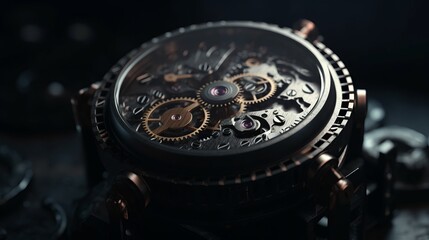 Gears and cogs in clockwork watch mechanism. Elegant detailed stainless steel and metal. AI generated illustration