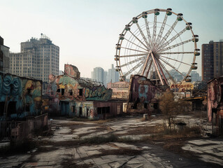 Abandoned amusement park in ruins - generative AI