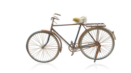 Fototapeta na wymiar side view old and dirty brown frame bicycle on white background, object, decor, transport, gift, decoration, copy space