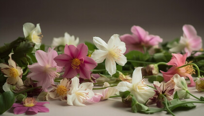 Fototapeta na wymiar Beautiful spring Epimediums flowers, Floral border, Mother's day, wedding, ceremony, Generative AI