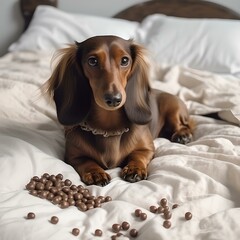 dachshund dog eats on the bed