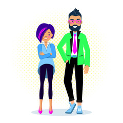 Сouple of young people in bright fashionable clothes for corporate party in office. Man with beard and glasses and woman in  fashionable hairstyle
