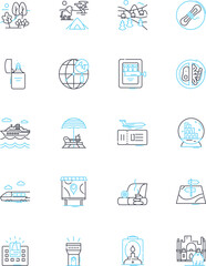 Tourism linear icons set. Adventure, Scenic, Relaxation, Culture, Heritage, Hospitality, Wanderlust line vector and concept signs. Attractions,Foodie,Exploration outline illustrations
