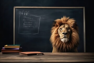 Lion In Study Setting With Blackboard In Background Generative AI