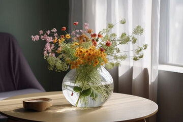 Bouquet of spring wildflowers in glass vase on table in modern interior room and woman mother day card, Generative AI
