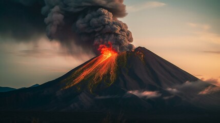 Majestic active volcano captured during a majestic eruption, huge smoke and ash cloud above lava river flowing down the mountain, created using Generative AI technology