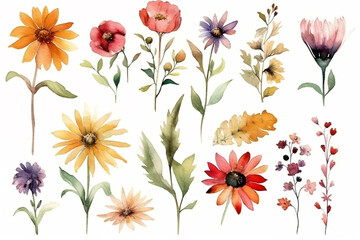 flower collection on white background with margins, watercolor, cartoon pretty, Mother's Day, Generative AI